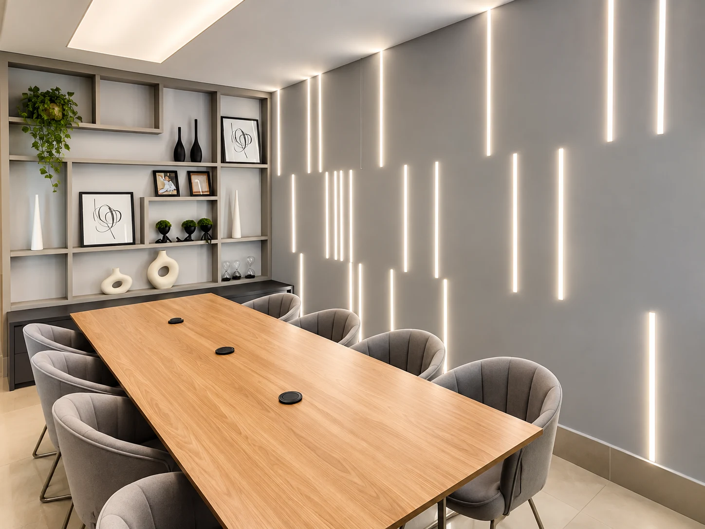 Sala de reunião finalizada com prateleiras e painel iluminado