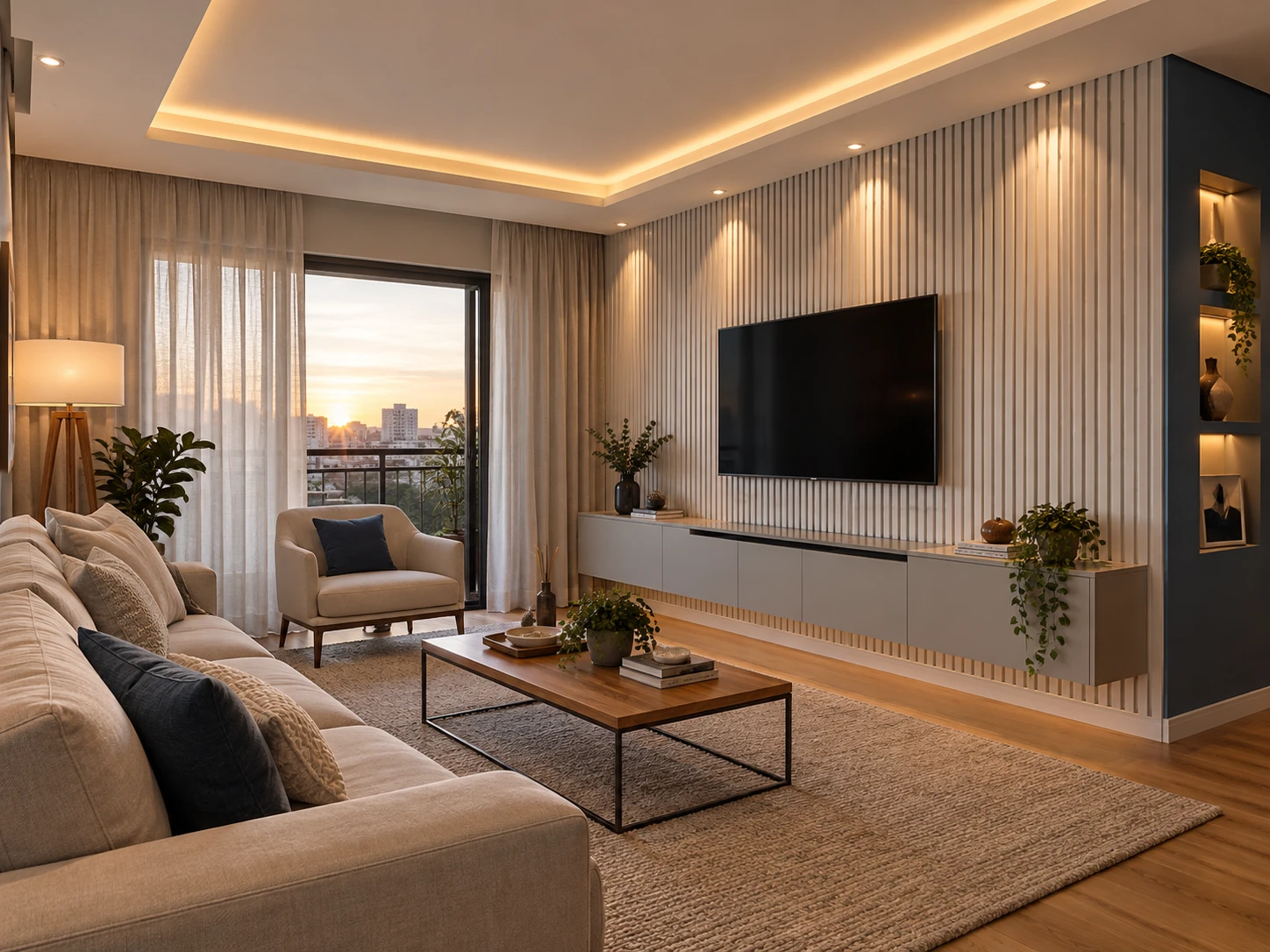 Sala finalizada com sanca iluminada e painel decorativo em gesso